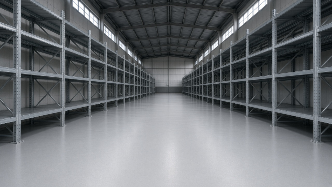 Empty warehouse aisle with a resin floor and no signage